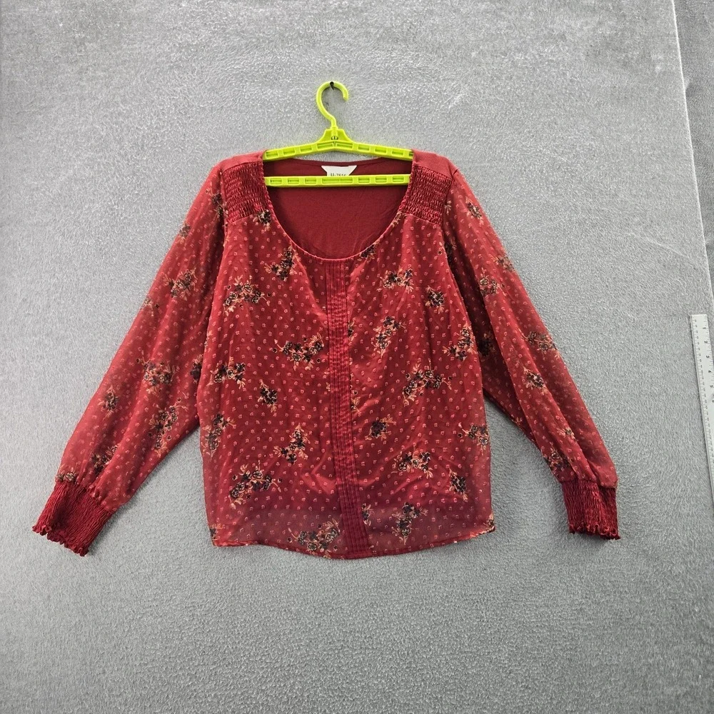 Lauren Conrad Women Blouse‎ XXL Red Floral Smocked Sheer Button Scoop Neck